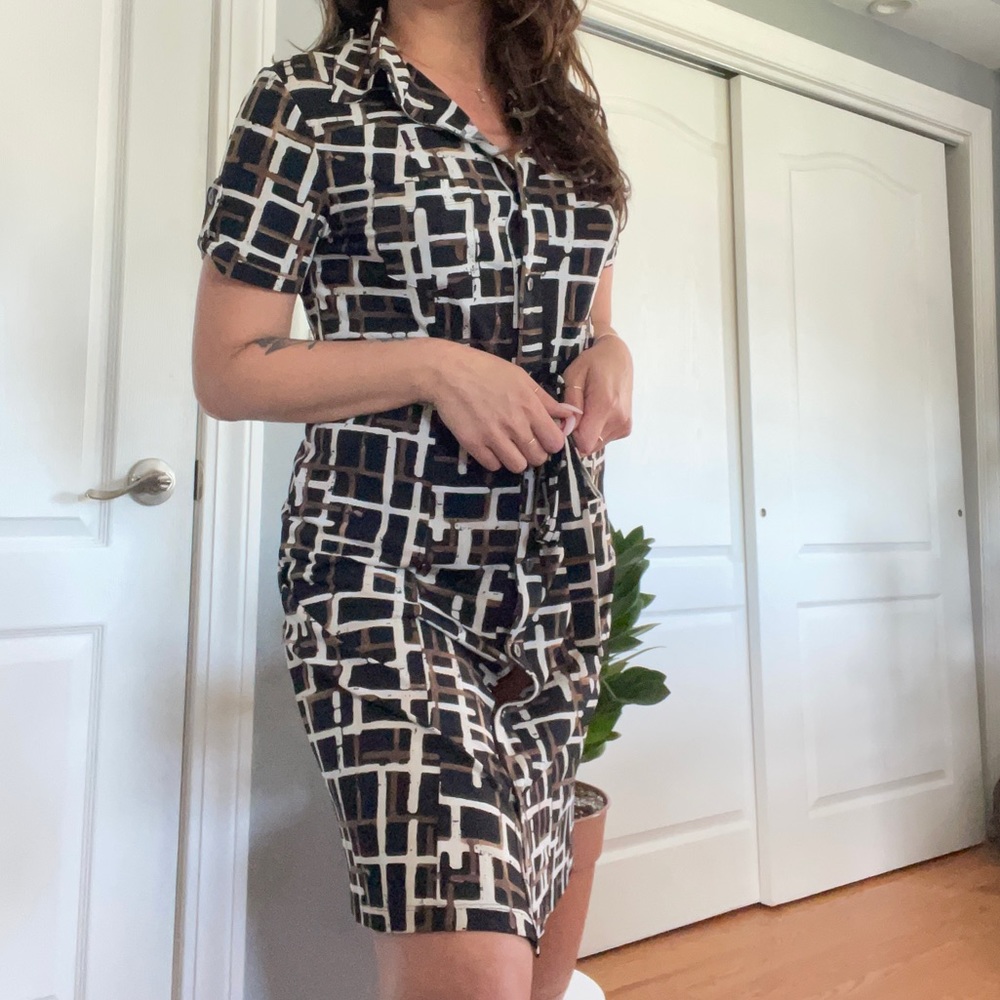 Geometric Abstract Wrap Dress brown black cream wrap collared dress medium